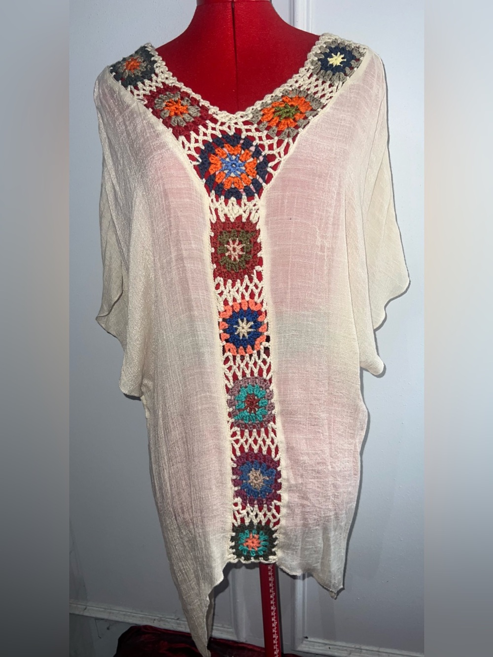 India Crochet Trim Ivory Boho Tunic with Multicolor Accents size small